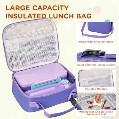 MAISON HUIS Bento Box for Kids with 8oz Soup Thermo, Insulated Lunch Bag & 17oz Water Bottle, 2-Compartment Bento Box with Built-In Ice Pack, Leak-Proof & BPA-Free (Purple) - color: Purple