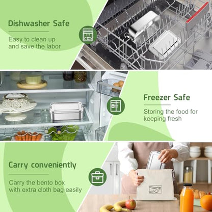 TeamFar Stainless Steel Bento Box, 28oz/850ML Small Metal Lunch Box | Lunch Container for Adults / Kids, for Home/School/Office/Travel, With 2 Removable Dividers, Leak-Proof & Dishwasher Safe - size: 850ML