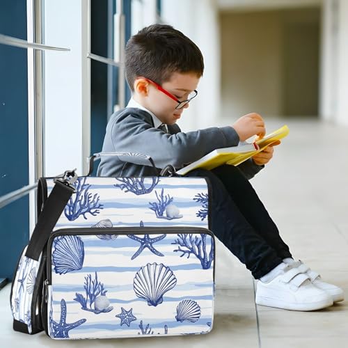 CEBUGI 3 Ring Zipper Binder with Shoulder Strap Multi-Pocket Portfolio Binder 1.5-inch D-Rings Expanding File Folder for School Office Blue Seashells