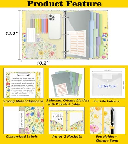 3 Ring Binder 1 Inch, Three Ring Binders Organizer with Clipboard, 5-Tabs Pockets Dividers, Plastic Folder, 18 Divider Stikers, KLLVE Cute Binder with Pen Loop (Garden Party, Letter Size) - color: Garden Party, size: 1in（Letter Size）