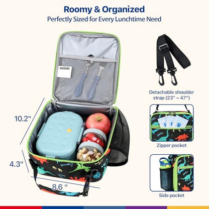 Bagseri Kids Lunch Bag with Shoulder Strap - Insulated School Lunch Box | Easy Carry Handle, Leak Proof, Water Bottle Holder, Roomy Toddler Lunch Box for Snacks, Drinks, Picnics, Trip, Black Dinosaur - color: B Black Dinosaur, size: Crossbody Strap Series