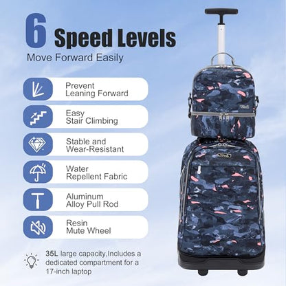 NEW TILAMI 19 Inch Rolling Backpack with Lunch Bag for Girls Boys Wheeled Laptop Backpack Durable Carry-on Bag School Travel, Doodle Grey - color: Doodle Grey