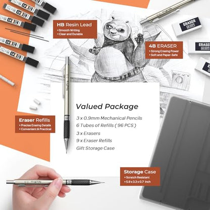 Nicpro 0.9 mm Art Mechanical Pencil Set in Storage Case, 3 PCS Metal Drafting Pencil Lead Pencil with 6 Tube HB Lead Refills, 3 Erasers, 9 PCS Eraser Refills for Artist Writing, Drawing, Sketching - style: 3 Pack (0.9mm)