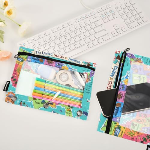 United States Map Pencil Pouch for 3 Ring Binder, 2 Pack Zipper Pencil Pouches with Clear Window Pencil Bag Case Office School Supplies - color: Multi62
