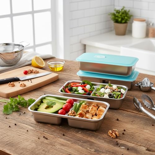 Vesici 12 Pack Stainless Steel Bento Boxes with Tableware Set 30 oz 2 and 1 Compartments Snack Box Containers with Leakproof Lids, Divided Meal Prep Lunch Box Food Container Dishwasher Safe - style: 1 and 2 Compartments
