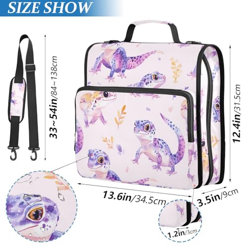 Cute Geckos Leaves 3 D-Ring 2 inch Zipper Binder Bag with Shoulder Strap, Multi-Pocket Portfolio Organizer Case for 13 Inch Laptop Middle School - color: Cute Geckos Leaves