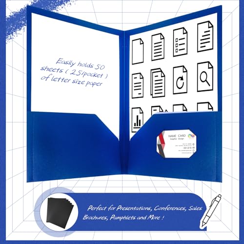 Patelai 50 Pack Plastic Folders with Pocket Bulk 2 Pocket Heavy Duty Letter Size Folders Business Card Holder for School Office File(Blue) - color: Blue