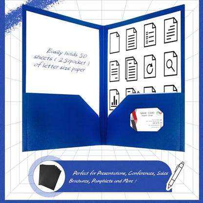 Patelai 50 Pack Plastic Folders with Pocket Bulk 2 Pocket Heavy Duty Letter Size Folders Business Card Holder for School Office File(Blue) - color: Blue
