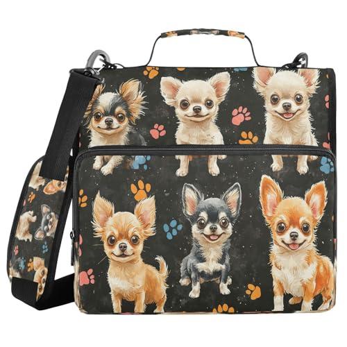 Boccsty Colorful Paw Prints Chihuahuas Dogs Zipper Binder 3 Ring Binders Expanding File Folder Multi-Pocket Zipper Binder Organizer for School Shoulder Strap and Handle