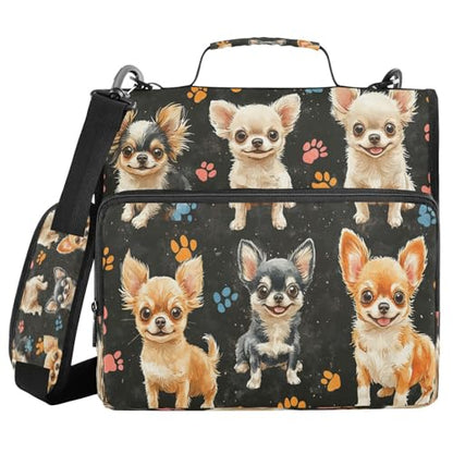 Boccsty Colorful Paw Prints Chihuahuas Dogs Zipper Binder 3 Ring Binders Expanding File Folder Multi-Pocket Zipper Binder Organizer for School Shoulder Strap and Handle