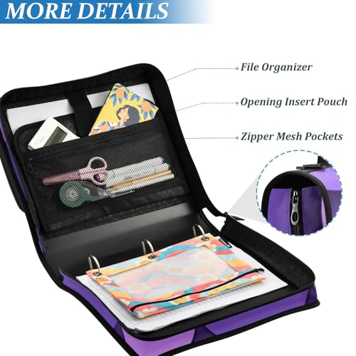 Purple Fish Scale Pattern Zipper Binder 3 Ring 1.5 Inch School Binder Organizer with Shoulder Strap Handle File Folder Pockets Large Capacity Students Girl Boy Men Office Work - color: Purple Fish Scale Pattern