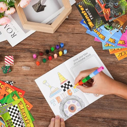 BenLouis 24 Monster Truck Mini Coloring Books Kids with 24 Stacking Crayons Monster Car Party Favors Activity Books Bulk for Kids Monster Truck Birthday Goodie Bag Gift Stuffer Classroom Travel - style: Monster Truck