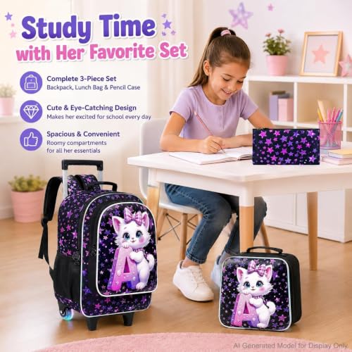 CCJPX 18" Cat Rolling Backpack for Girls, 3Pcs Kids Glow Wheels Bookbag with Lunch Box, Lightweight Roller School Bag for Elementary Preschool (Black) - color: A-star Cat(with Glowing Wheels)
