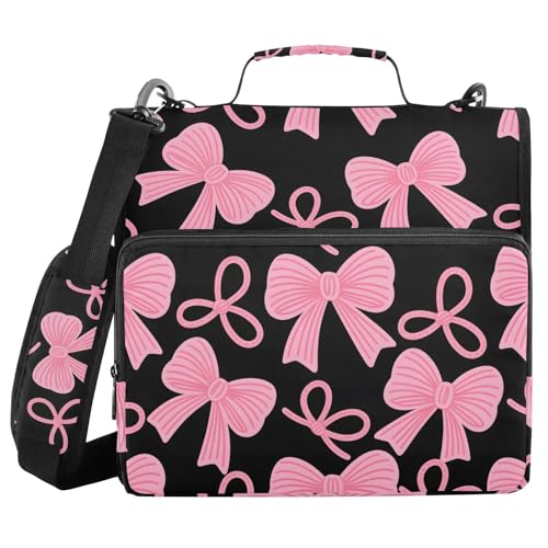 Pink Bow Black Zipper Binder Bag 3 Ring Binder with Shoulder Strap Zip Up 500 Sheets Capacity Multi Pockets for School Office Supplies - color: Multi470, size: Fit 500 Sheets