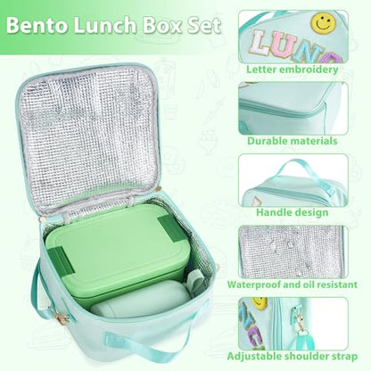 Bento Lunch Box Set for Kids - Green Nylon insulated Lunch Bag with 12oz Thermos, Leak-Proof Containers, Adjustable Strap, Birthday Gifts for Girls School Travel Picnic (Ages 3-15) - color: Green Set