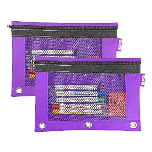 BAZIC PRODUCTS Bright Color 3-Ring Pencil Pouch with Mesh Window, 2-Pack | clear mesh window and a zipper closure for pens; pencils; supplies - color: Purple