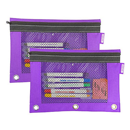 BAZIC PRODUCTS Bright Color 3-Ring Pencil Pouch with Mesh Window, 2-Pack | clear mesh window and a zipper closure for pens; pencils; supplies - color: Purple