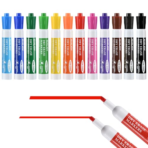 SUQJOY Dry Erase Markers, Chisel Tip Whiteboard Markers, Low Odor Thick Dry Marker, 12 Pack 12 Assorted Color Markers for Classroom, Office & Home Use - color: 12 Count 12 Colors