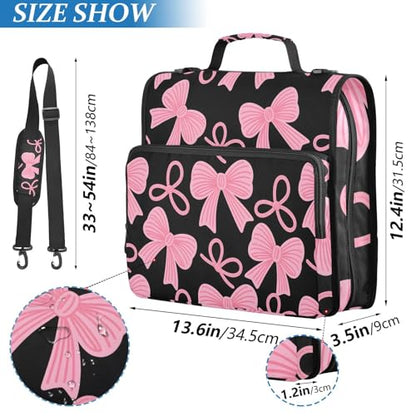 Pink Bow Black Zipper Binder Bag 3 Ring Binder with Shoulder Strap Zip Up 500 Sheets Capacity Multi Pockets for School Office Supplies - color: Multi470, size: Fit 500 Sheets