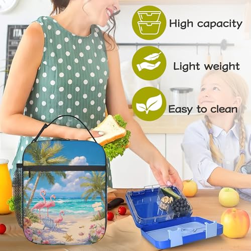 Tropical Pink Flamingo Beach Lunch Box Bag, Palm Tree Lunchbag Portable Lunch Bag,Reusable Insulated Freezer Lunch Bag for Men Women Kids Picnic Camping and Work - color: Tropical Pink Flamingo Beach