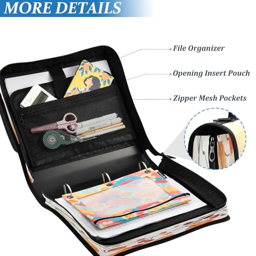 CEBUGI 3 Ring Zipper Binder with Shoulder Strap Multi-Pocket Portfolio Binder 1.5-inch D-Rings Expanding File Folder for School Office Two Birds