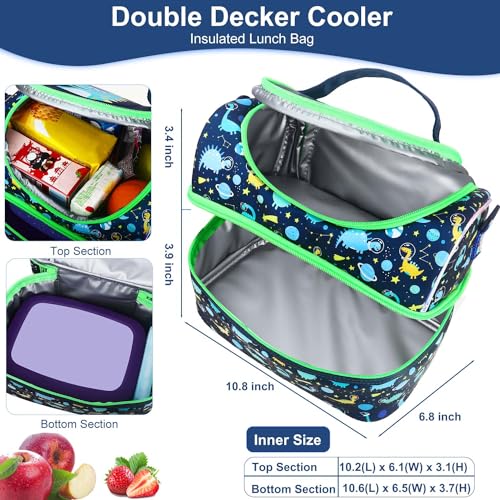 RHCPFOVR Kids Lunch Bag - Double - Decker Cooler Insulated Lunch Box for Boys Girls,Washable Lunch Bag with Strap and Reusable Toddler Lunchbox for School and Daycare - color: Dark Blue Dinosaur