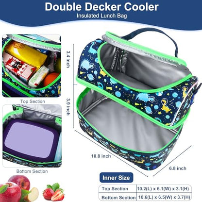 RHCPFOVR Kids Lunch Bag - Double - Decker Cooler Insulated Lunch Box for Boys Girls,Washable Lunch Bag with Strap and Reusable Toddler Lunchbox for School and Daycare - color: Dark Blue Dinosaur
