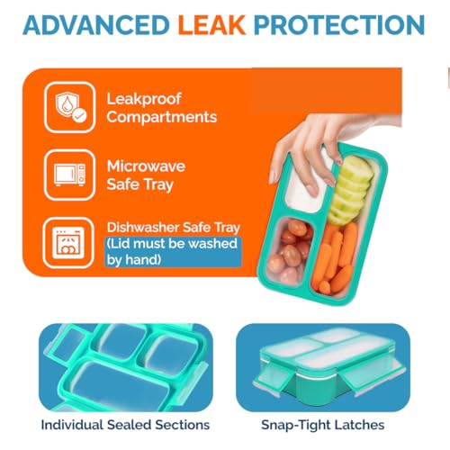 Small Snack Containers for Kids Toddlers - 3 Compartments (Set of 2) - Leak-Proof Reusable Boxes with Lids - BPA-Free Plastic Mini Bento Lunch Box - Ideal for School, Holds 2 Cups (Teal Blue+Orange) | 3 Compartments, Leak-Proof, Spill Proof, BPA-Free Reus