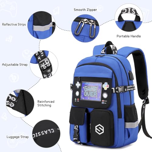 Scothen Boys Backpack, Cool Luminous School Backpacks for Boys with Lunch Bag Pencil Case, Kids Backpack Kindergarten Elementary Middle School Book Bags for Teen Boy Children with USB Charging Port - color: Black-blue