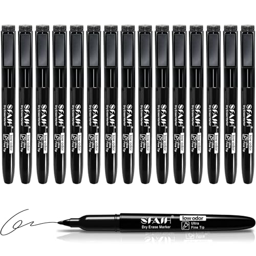 SFAIH Black Magnetic Dry Erase Markers, Ultra Fine Tip 0.7mm Fine Point Thin Markers for Detail Work & Note Taking, Low Odor Whiteboard Markers with Eraser Cap for Math, Drafting & Professional Use - color: Black