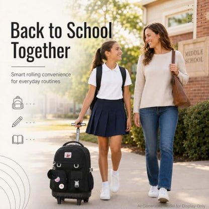 WZLVO 3PCS Rolling Backpack for Girls, 21 inch Water Resistant Roller Backpacks with Wheels, Wheeled Bookbag for Elementary Teens Women - Black - color: Black