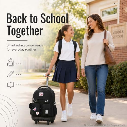 WZLVO 3PCS Rolling Backpack for Girls, 21 inch Water Resistant Roller Backpacks with Wheels, Wheeled Bookbag for Elementary Teens Women - Black - color: Black
