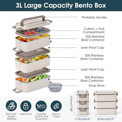 Bento Box Adult Lunch Box, Stackable 3 Layer 304 Stainless Steel Lunch box for Adults Kids Office, 3L Large Capacity Portable Lunch Box Containers with Soup Bowl Spoon and Fork - size: 3 Layers