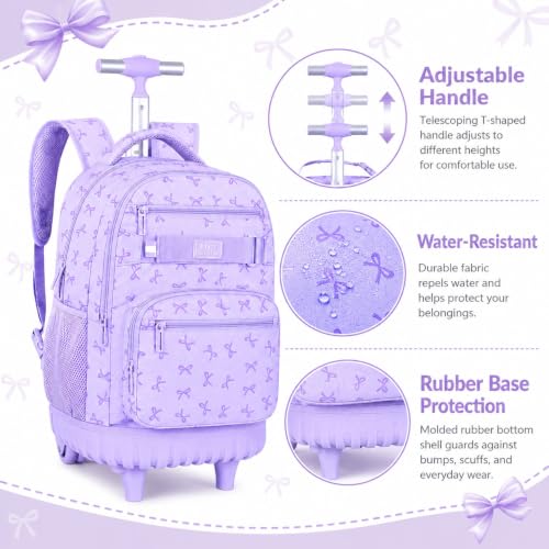 AGSDON Sophisticated Bow Print Rolling Bookbag for Girls Set – 20” Roller School Backpack with Matching Lunch Box for Travel, Commute | Water-Resistant Fashion Wheeled Organizer in Purple - color: Rolling Backpack Set - Bow Purple