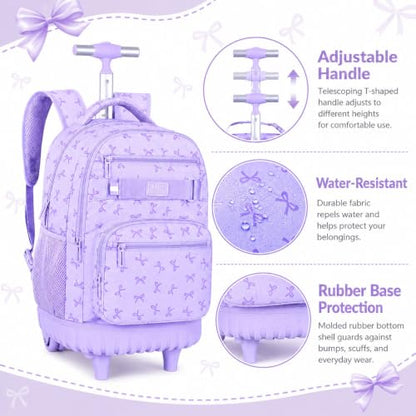 AGSDON Sophisticated Bow Print Rolling Bookbag for Girls Set – 20” Roller School Backpack with Matching Lunch Box for Travel, Commute | Water-Resistant Fashion Wheeled Organizer in Purple - color: Rolling Backpack Set - Bow Purple