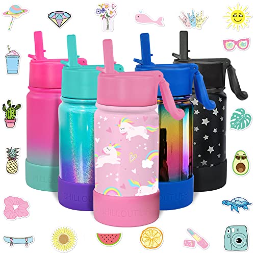 CHILLOUT LIFE 12oz Kids Insulated Stainless Steel Water Bottle with Leak Proof Straw Lid & 144 Stickers - color: Pink Unicorn, style: 12 oz