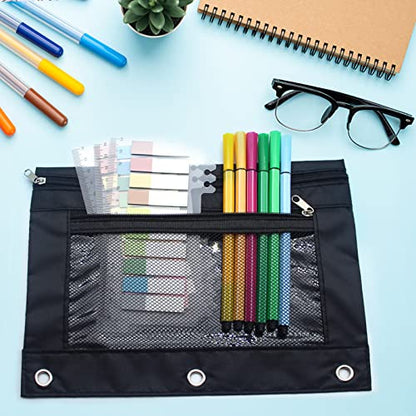 Pencil Pouch 3 Ring Binder Pouch Zippered Pencil Case Canvas Pencil Bag with 2 Compartments (Set of 2, Black and Blue) - color: Black and Blue