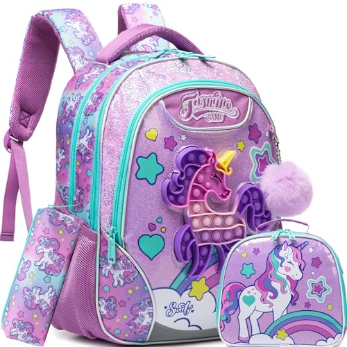 Backpack for Girls Elementary Preschool Kids Lunch Box for School - color: Uicorn Bag Purple a