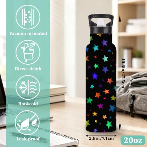 Water Bottles with Straw,Colorful Stars Stainless Steel Cup Leak Resistant Double Wall Black Background Insulated Water Bottle with Handle for Gym Cycling Hiking Office 20 oz - color: Colorful Stars,Black Background