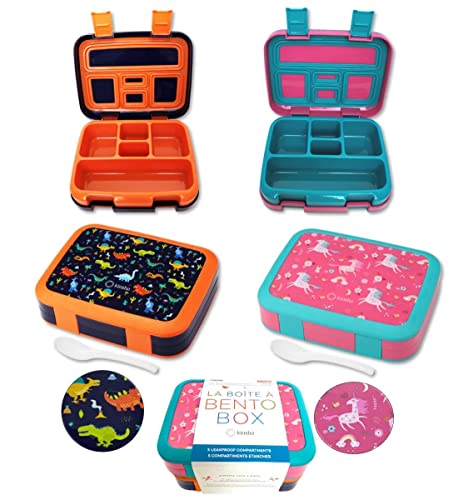 kinsho Bento Lunch Box for Kids Toddlers Boys Girls, 5 Portion Sections Secure Lid, Microwave Safe BPA Free Removable Tray, Pre-School Kid Daycare Lunches Snack Container, Unicorn Dinosaur 2 pack - color: Dinosaur & Unicorn Bento 2 pack
