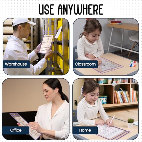 Essex Wares - 6 Pack, Light Purple, Water-Resistant Dry Erase Pocket Document Protectors, 10" Wide x 13.5" Tall - Dry Erase Clear Plastic Sleeves - Reusable & Easy Erase Plastic Invoice Holders - color: Light Purple