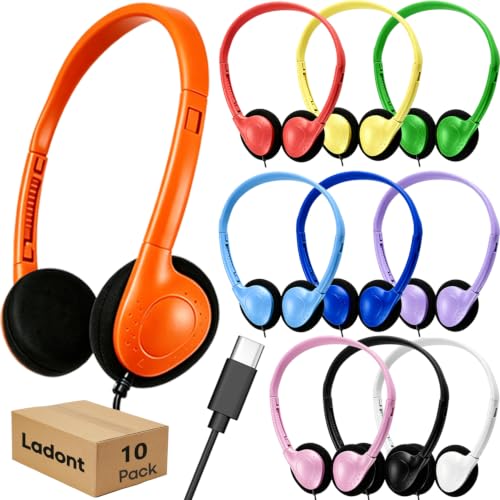 10 Pack Kids Headphones Bulk Type C, USB C Wired Headphones for School Classroom, Wholesale Children Student Headset for Chromebook Laptop PC, Mixed Colors