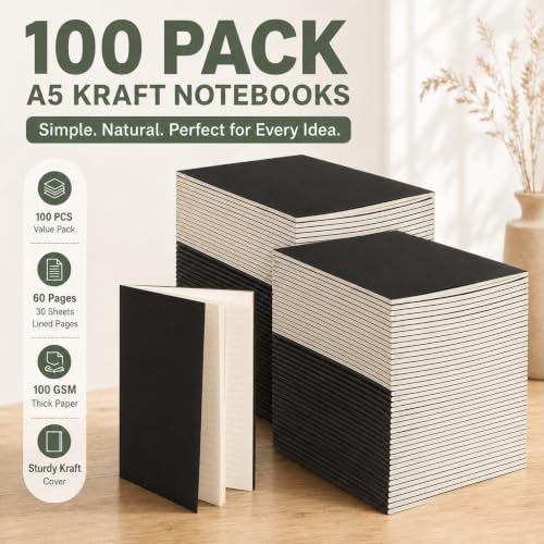 Mimorou 100 Pcs Journals Notebooks Bulk - Kraft Softcover A5 Small Notebooks 5.5 Inch x 8.3 Inch Notepads with 60 Page 30 Sheet for Writing Sketch Travel Office Supplies(Black,Lined) - color: Black, style: Lined