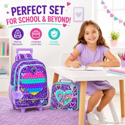AGSDON 3PCS Rolling Backpack for Girls, Kids Roller Wheels Bookbag, Wheeled School Bag with Lunch Bag - Purple - color: Love