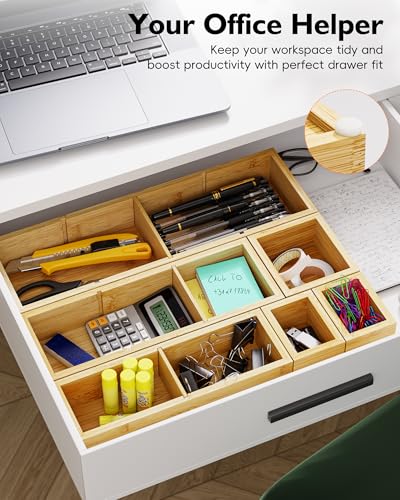 Bamboo Drawer Organizer Set, 6 PCS Desk Drawer Organizer Trays with 12 Compartments, Wood Storage Boxes for Junk Drawer, Kitchen Utensils, Office Supplies, Makeup, Jewelry, Bathroom - size: 12 Compartments
