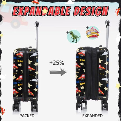 16’’ Kid’s Luggage Set with Spinner Wheels, Hardside with Suitcases,6 Piece | Carry on Luggage, Travel Rolling Luggage Airline Approved, Girls Boys - color: Car