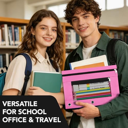 3 Ring Pencil Pouch for Binder, 2-Pocket Zipper Pencil Case with Clear Window & Mesh Pocket, Heavy Duty 600D Oxford Fabric Binder Pouch for School Office Supplies, Fits Standard 3-Ring Binders, Pink - color: Pink