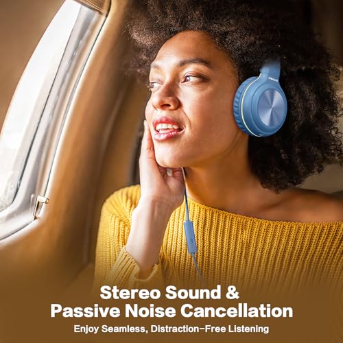 SIMOLIO Stereo Wired Headphones Teens Adult Kid Youth w/Mic & Volume Control & Volume Limited & Share Port & 3.5mm Jack, Safe Volume Durable Foldable Headset for Online School Gaming PC Laptop Travel
