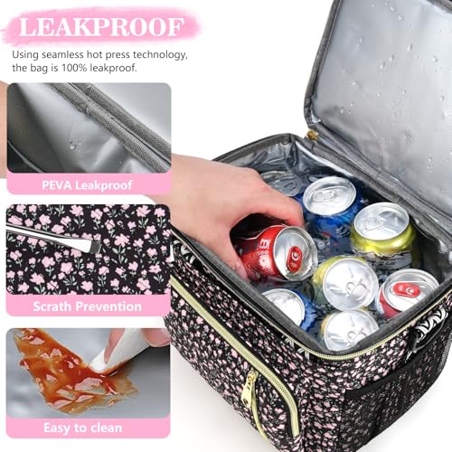 LOKASS Lunch Box for Women-16L-Insulated Lunch Bag Women, Expandable Double-layer Leakproof Cooler Bag with Upgrade Adjustable Shoulder Strap Ideal for Work/Travel/Picnics（Black Flower） - color: Black Flower