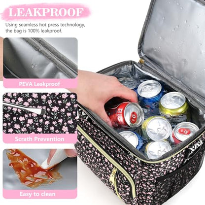 LOKASS Lunch Box for Women-16L-Insulated Lunch Bag Women, Expandable Double-layer Leakproof Cooler Bag with Upgrade Adjustable Shoulder Strap Ideal for Work/Travel/Picnics（Black Flower） - color: Black Flower